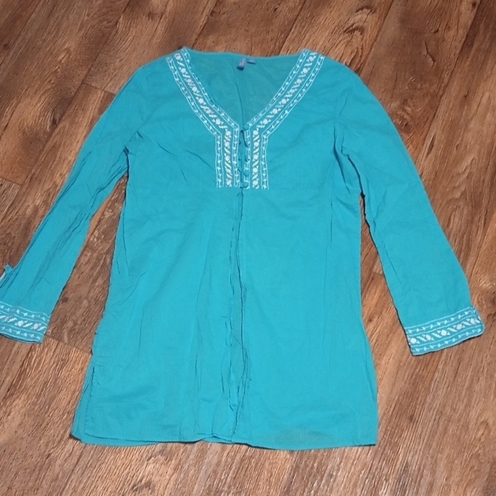 St. John's Bay Teal Long Sleeve Embroidered Top with White Embroidery